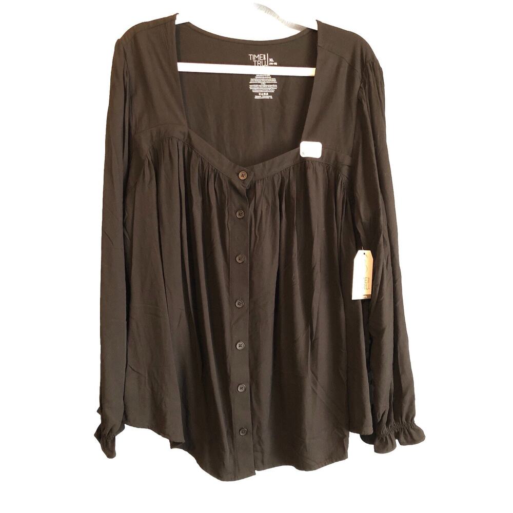 Time & Tru Womens Maternity Top XL Black Long Sleeve Square Neck Buttondown Boho